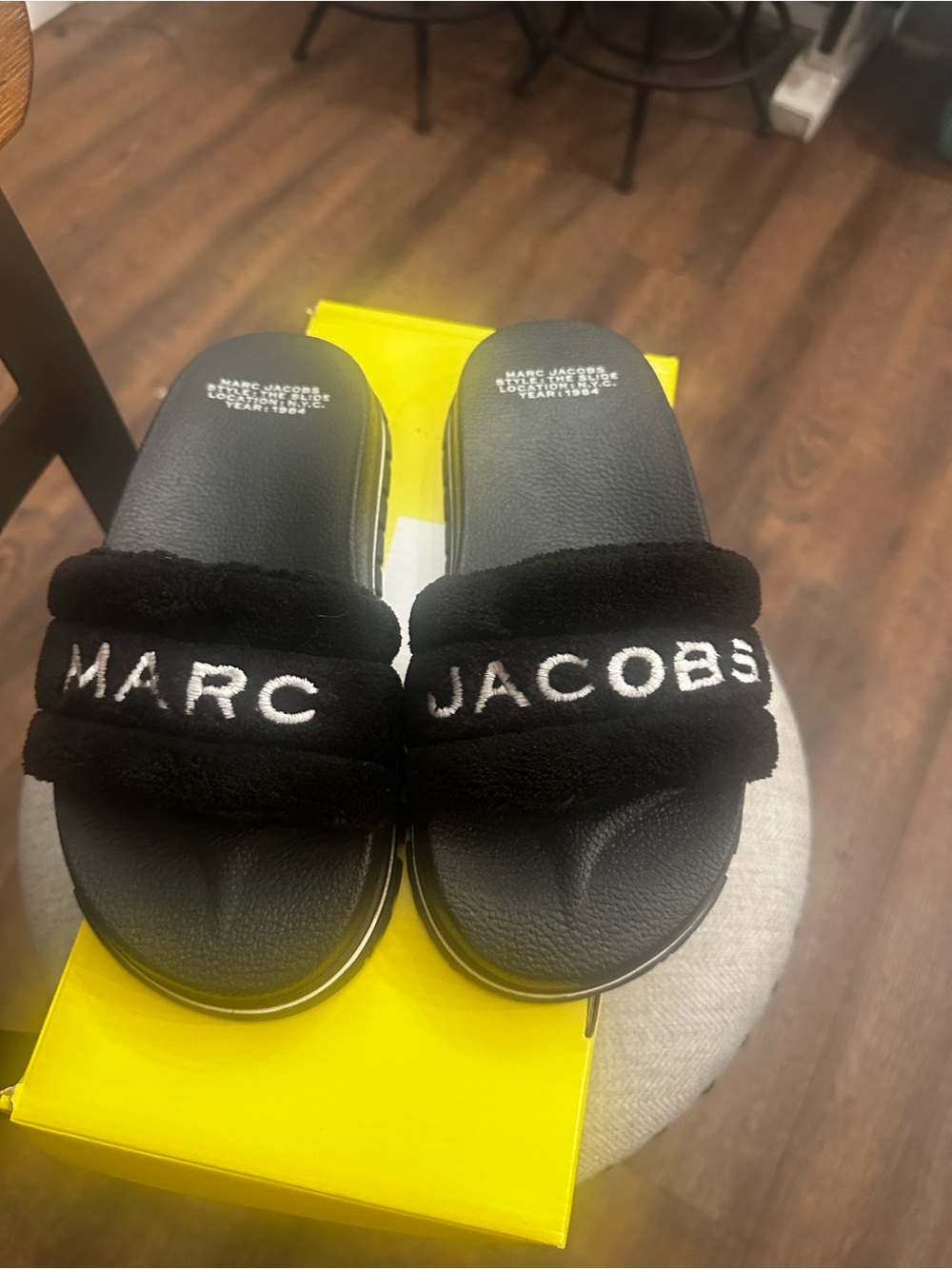 Marc Jacobs Black Plush Logo Slide Sandals with White Embroidery
